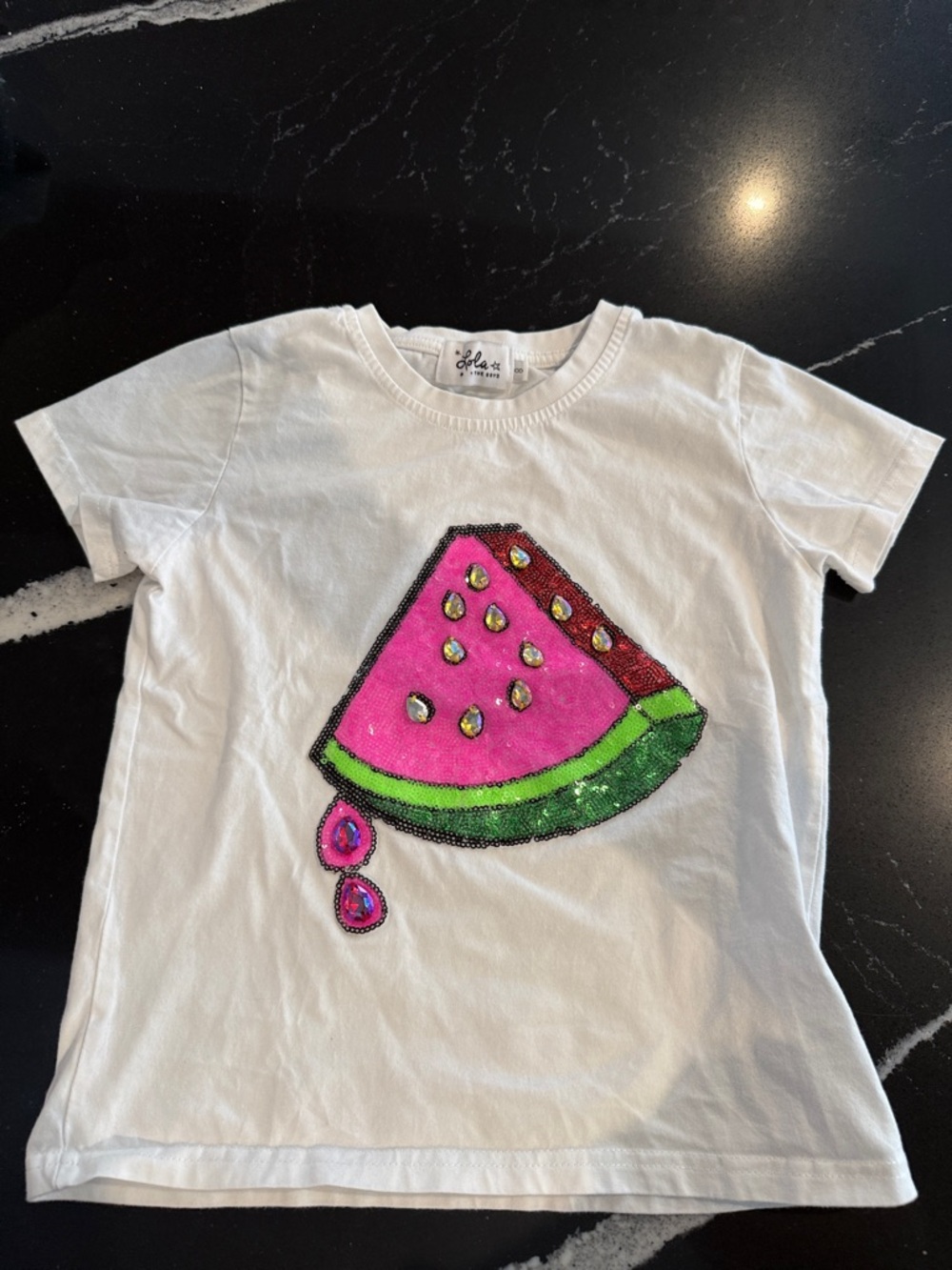 Lola + The Boys White Tee with Pink Sequin Watermelon Slice